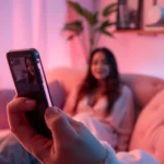 Engaging in ai sexchat with a realistic AI companion in a cozy setting.