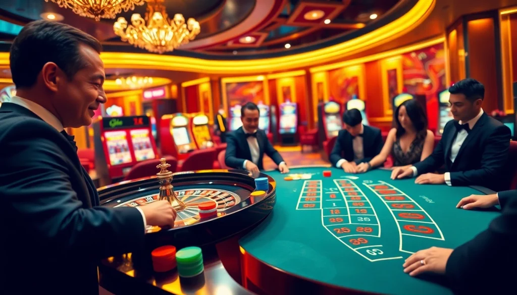 Players enjoying a thrilling roulette game at https://rr88.se.net/ casino with colorful chips and vibrant lights.