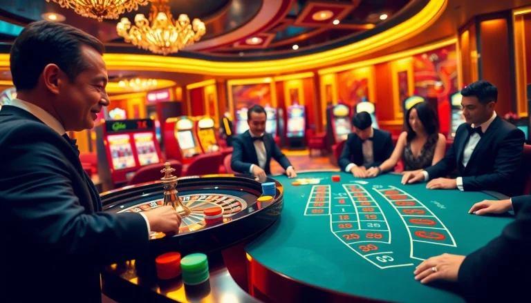 Players enjoying a thrilling roulette game at https://rr88.se.net/ casino with colorful chips and vibrant lights.