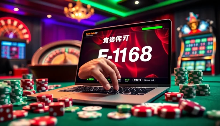 Experience the thrill of 'ลิงก์ F168' with an exciting casino scene featuring roulette, poker chips, and online gameplay.