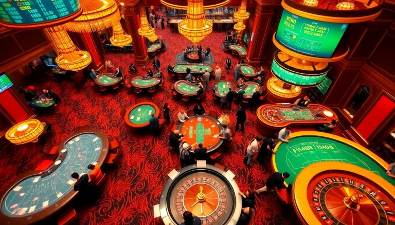 Experience the thrilling atmosphere of Trang Chủ BJ88 with bustling gaming tables and engaging gamblers.
