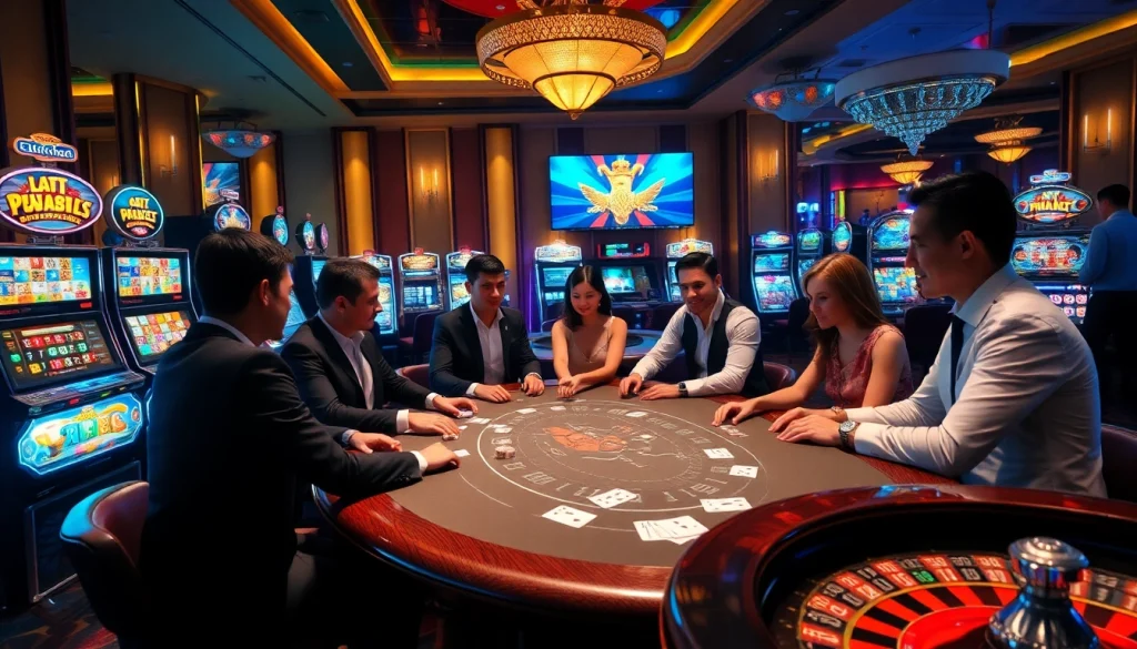 Thrilling gambling scene at thabet casino with poker, slot machines, and roulette.