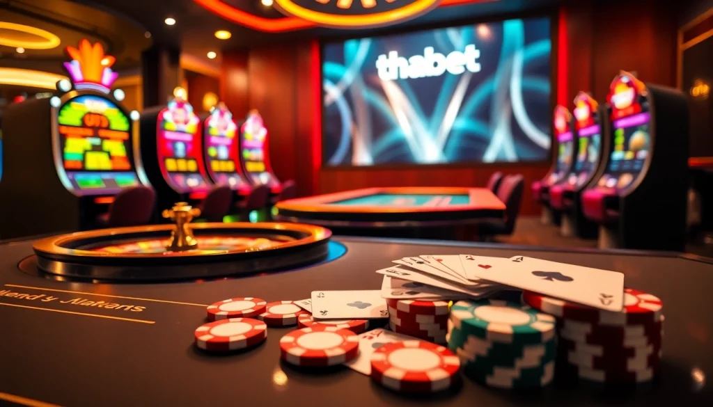 A thrilling gaming experience at the Nền tảng thabet with luxurious casino elements, including tables and chips.