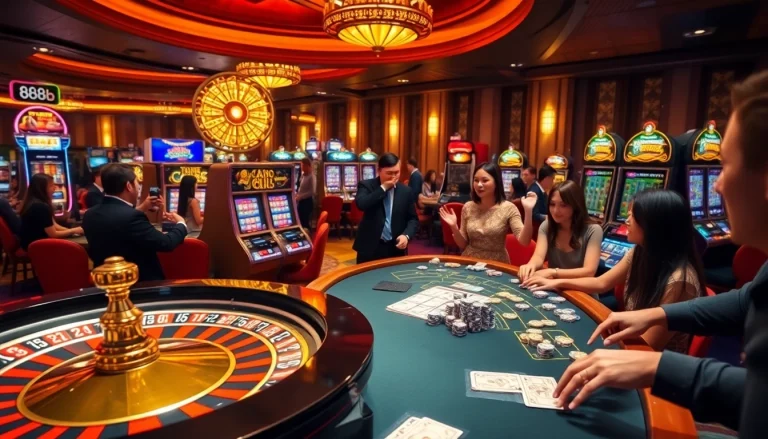 Experience the excitement of 888b online with vibrant casino visuals of roulette wheels and slot machines.