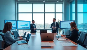 Logo e-arşiv solutions showcased in a modern office with professionals discussing digital invoicing.