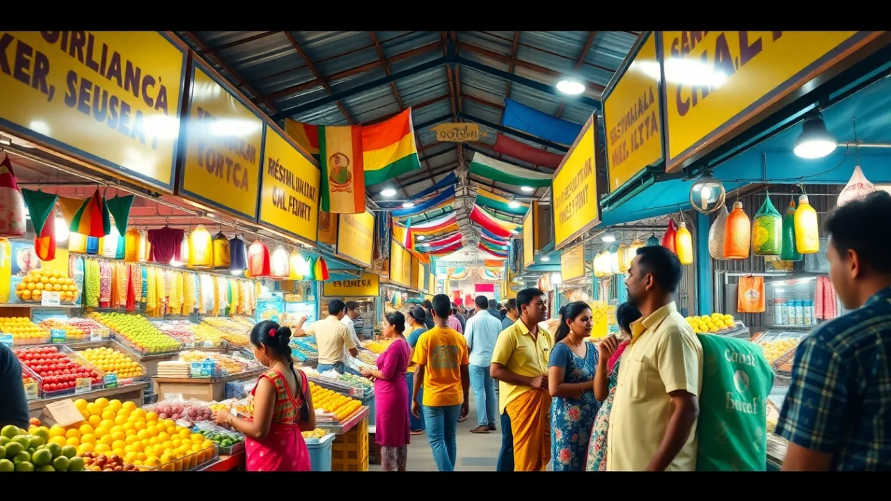 Vibrant marketplace scene representing Sl Ads in Sri Lanka with colorful stalls and lively interactions.