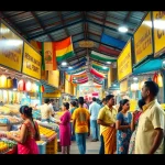 Vibrant marketplace scene representing Sl Ads in Sri Lanka with colorful stalls and lively interactions.