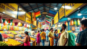 Vibrant marketplace scene representing Sl Ads in Sri Lanka with colorful stalls and lively interactions.