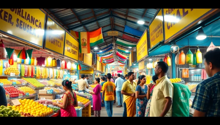 Vibrant marketplace scene representing Sl Ads in Sri Lanka with colorful stalls and lively interactions.