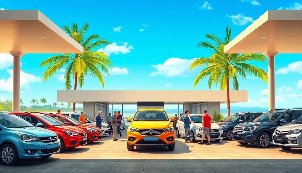 Car hire in Kuching featuring a bustling rental service at the airport with diverse vehicles.