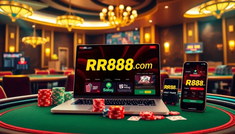 Experience high-stakes gaming at RR88com with a stunning visual of casino tables adorned with poker chips and cards.