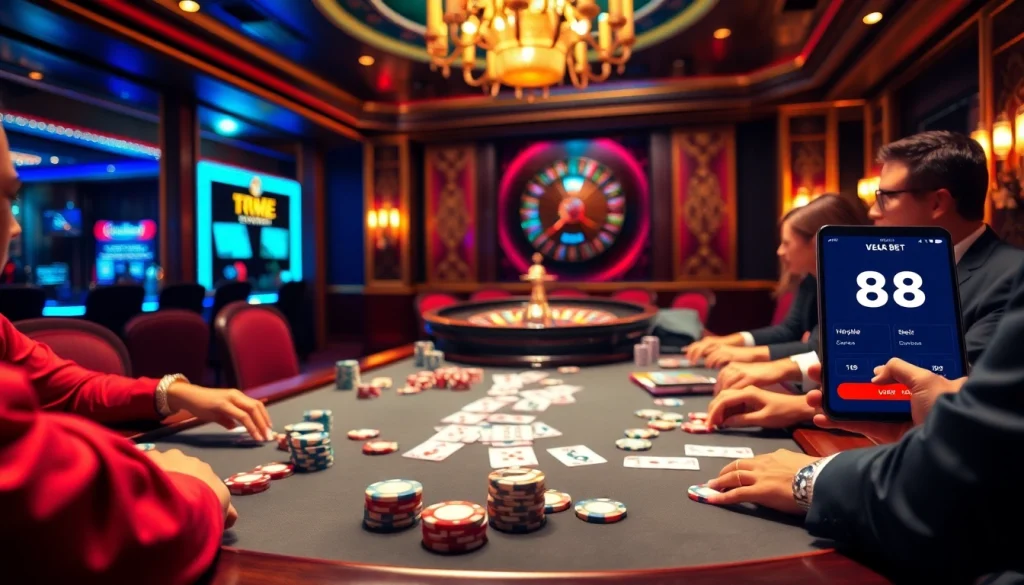 Experience an exciting s8 bet at a luxurious poker table with chips, cards, and vibrant casino ambiance.