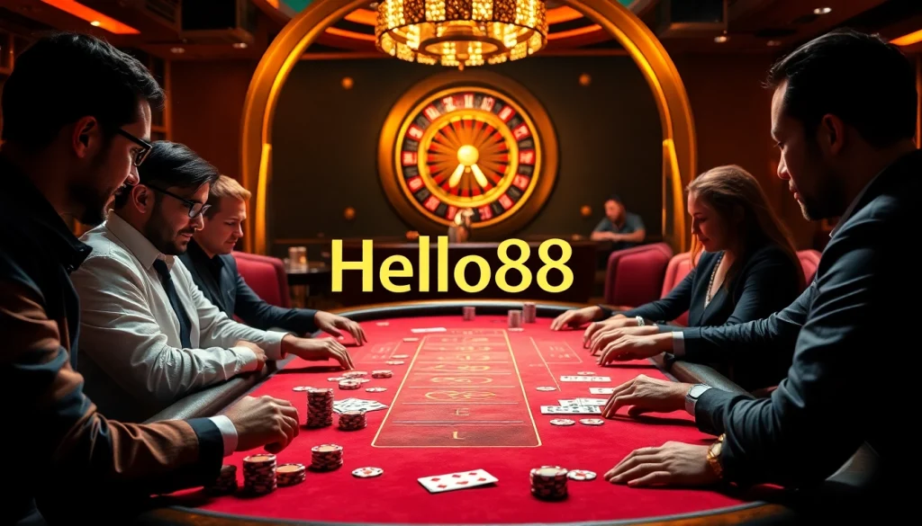 Experience thrilling poker action at Hello88 casino with vibrant chips and elegant game tables.