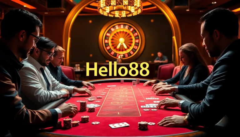Experience thrilling poker action at Hello88 casino with vibrant chips and elegant game tables.