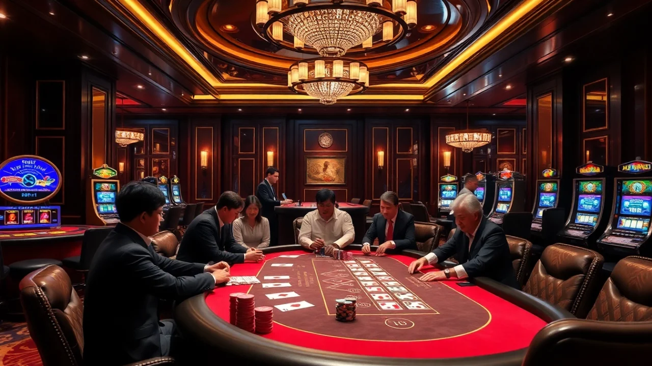 Engaging players at the Nền tảng thabet casino table enjoying high-stakes poker excitement.