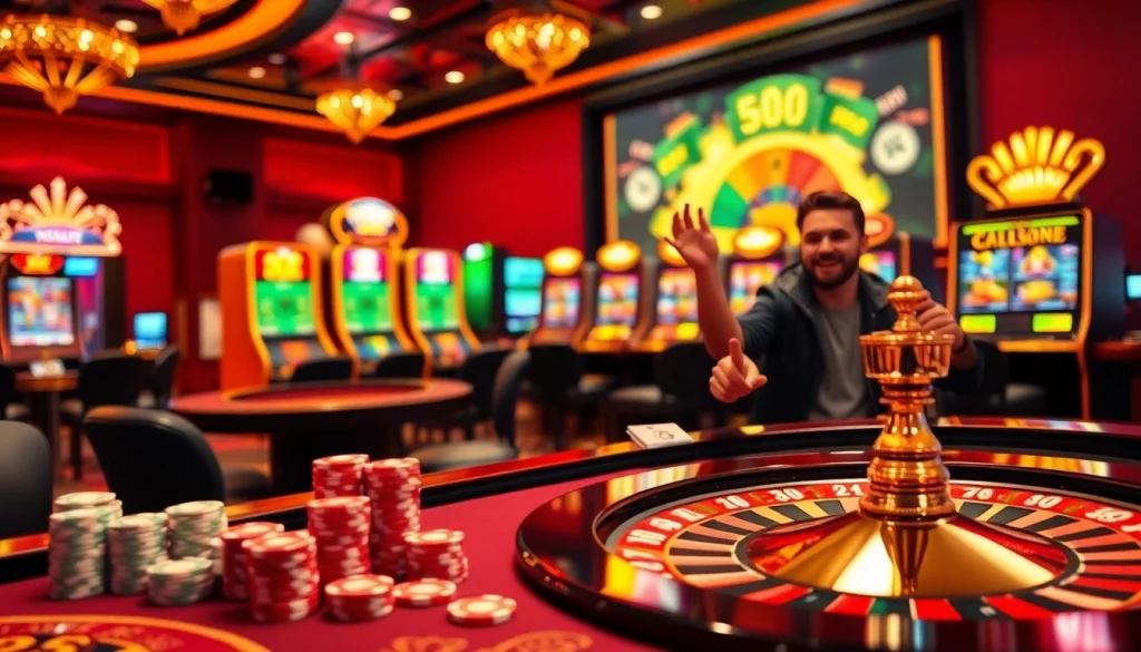 Engaging casino scene showcasing the excitement of ingat bola88 with colorful chips and roulette.