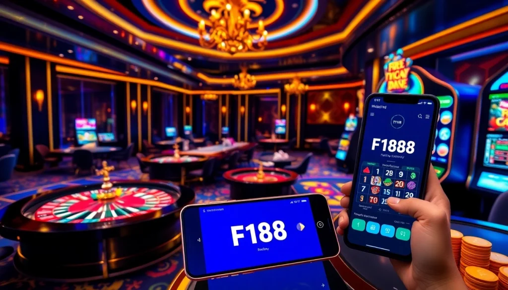 Engage in exciting games at nhà cái F168 online casino, featuring vibrant tables and slot machines.