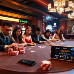 Engaged players using app 98win at a luxurious poker table in a vibrant casino setting.