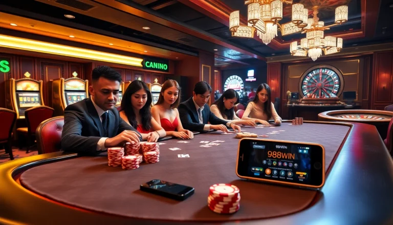 Engaged players using app 98win at a luxurious poker table in a vibrant casino setting.