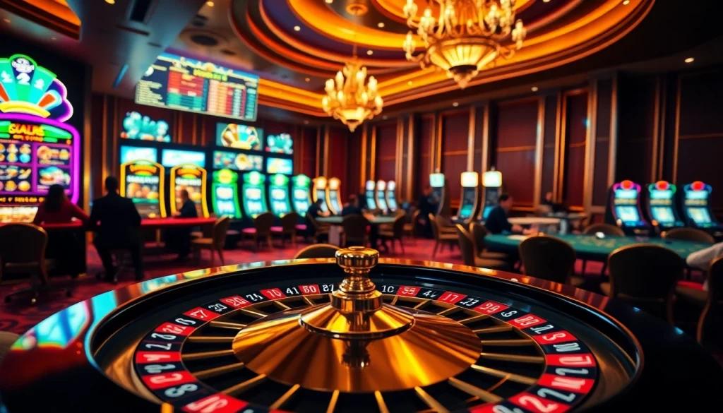 Captivating casino scene showcasing high-stakes gaming at https://s88.works/ with roulette and poker action.