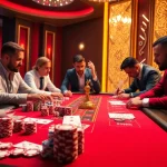 Players strategizing at a vibrant casino table with 52WIN elements, highlighting the excitement of gambling.