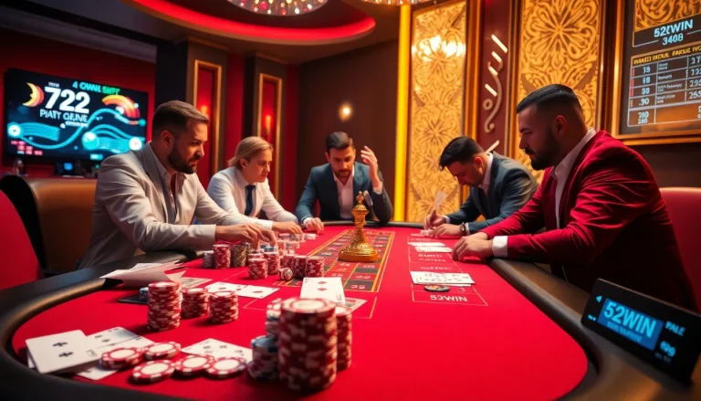Players strategizing at a vibrant casino table with 52WIN elements, highlighting the excitement of gambling.