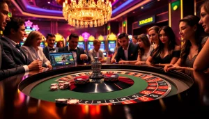 Dynamic gambling scene with players at the roulette table and web xin88 interface highlighted.