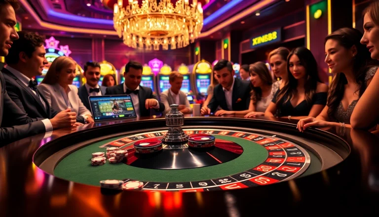Dynamic gambling scene with players at the roulette table and web xin88 interface highlighted.