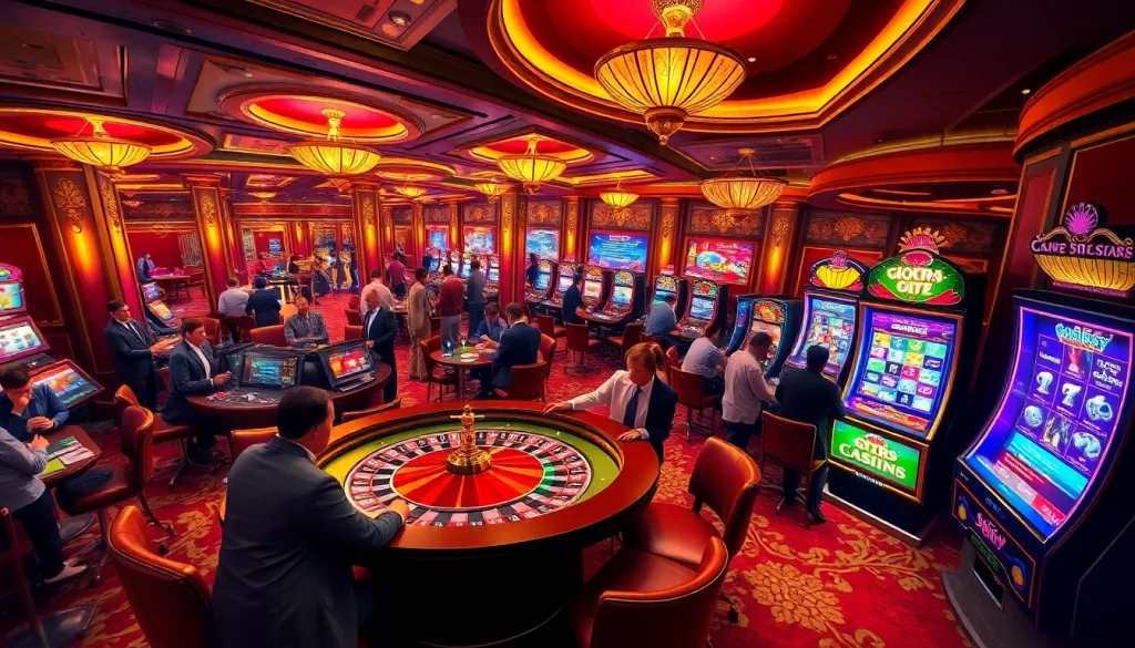 Experience thrilling gaming action at https://fly88.deal/ with vibrant casino tables and excited bettors.