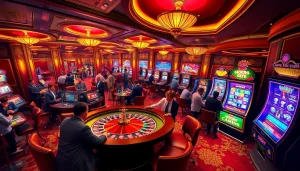 Experience thrilling gaming action at https://fly88.deal/ with vibrant casino tables and excited bettors.