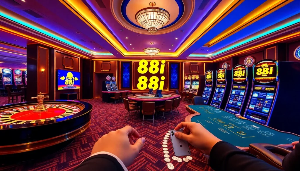 An exciting gambling scene featuring 88i with roulette and poker tables showcasing players winning big.