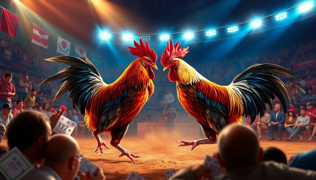 Exciting live cockfighting scene with vibrant colors and dynamic action at sv368win.live.