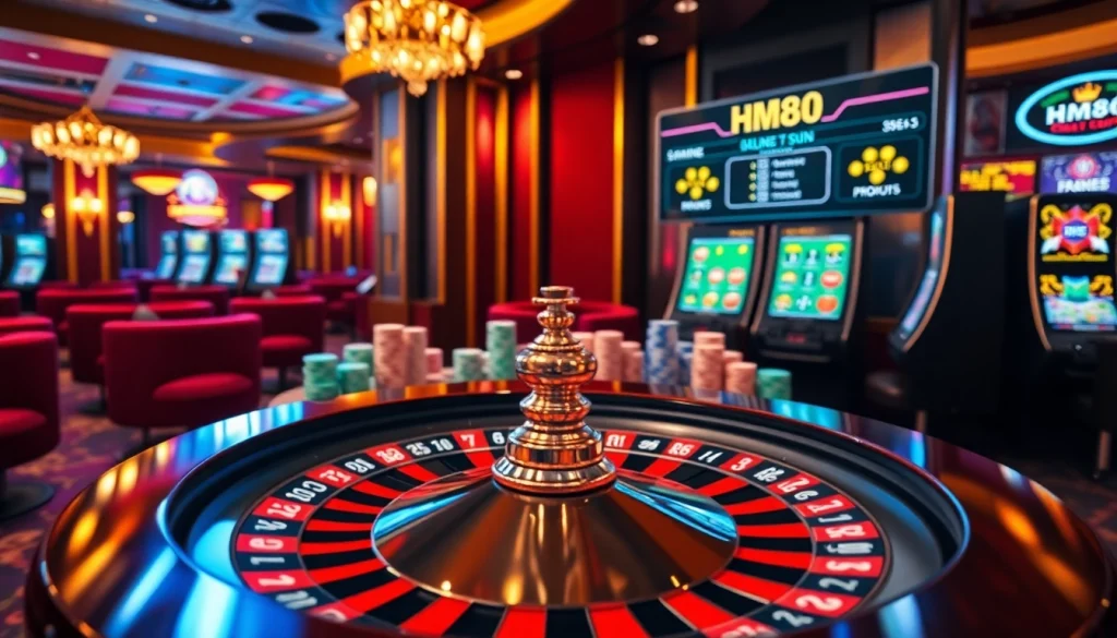 Experience the excitement of gambling at HM88's vibrant online casino scene with colorful chips and cards.