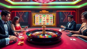 Players excitedly engage with the roulette table at https://xx88.casino/, featuring vibrant chips and luxurious decor.