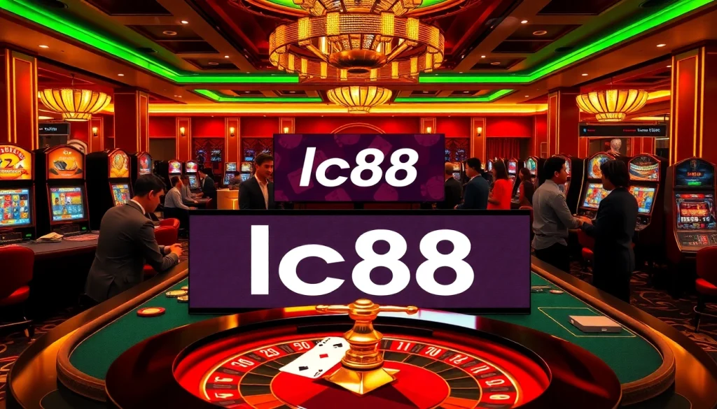 Players strategizing at a luxurious casino table with lc88 poker chips and slot machines.