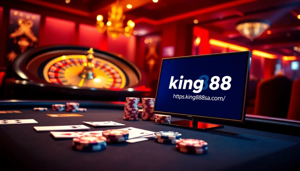 A dynamic online gambling scene featuring poker chips, cards, and a roulette wheel, showcasing https://king88sa.com/ for an engaging gaming experience.
