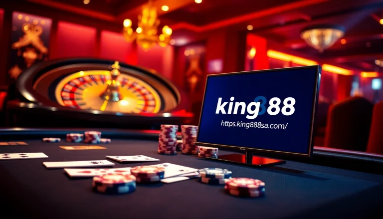 A dynamic online gambling scene featuring poker chips, cards, and a roulette wheel, showcasing https://king88sa.com/ for an engaging gaming experience.