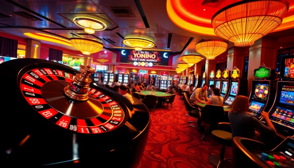 Experience the excitement of trang chủ UU88 featuring a luxurious casino floor with roulette, poker games, and cheering players.