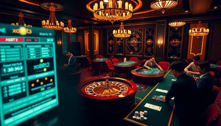 Experience luxury gambling with xo88t3 at a vibrant casino featuring roulette and poker tables.