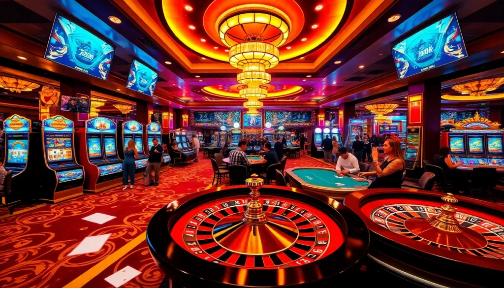 Experience thrilling gaming at trang chủ 789P with luxurious casino tables and vibrant slot machines.