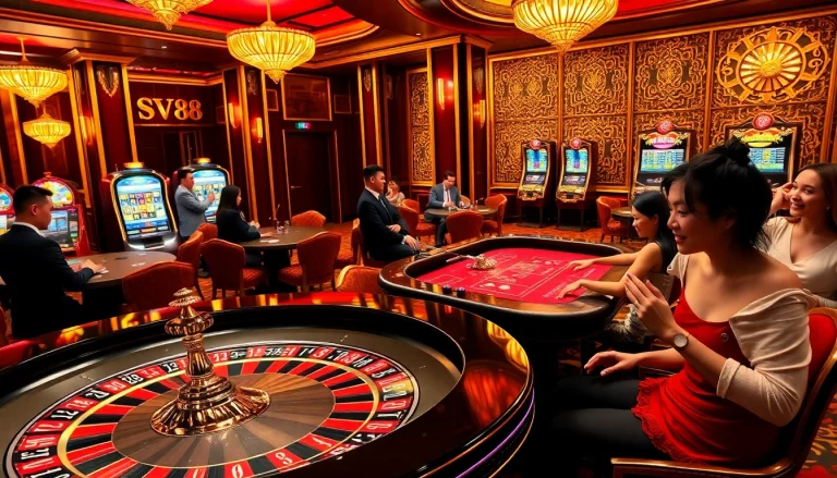 Experience the excitement of tải SV88 with players enjoying high-stakes casino games at elegant tables.