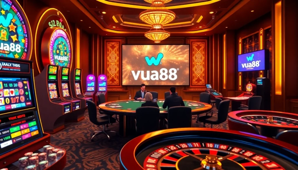 Engaging scene of online poker at vua88 casino, featuring vibrant slot machines and an exciting atmosphere.