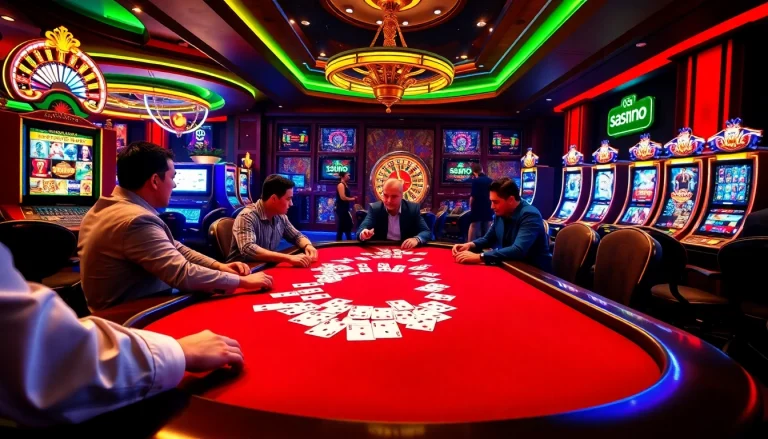 Players enjoying a high-stakes poker game at https://98win.gg/, showcasing excitement and luxury in a casino environment.