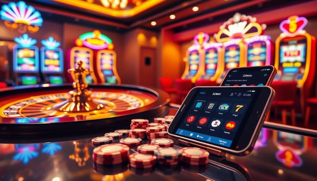 Experience the thrill of tải app 33win with energetic gaming visuals of casino tables and mobile app interfaces.