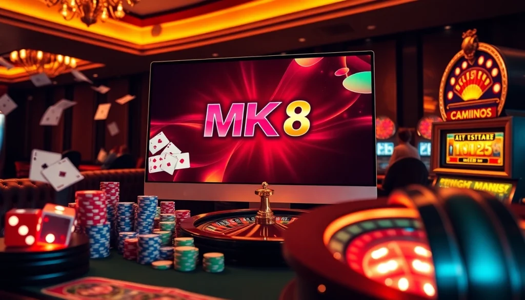 Experience the thrill of MK 8 online gambling with vibrant casino elements including poker chips and roulette.