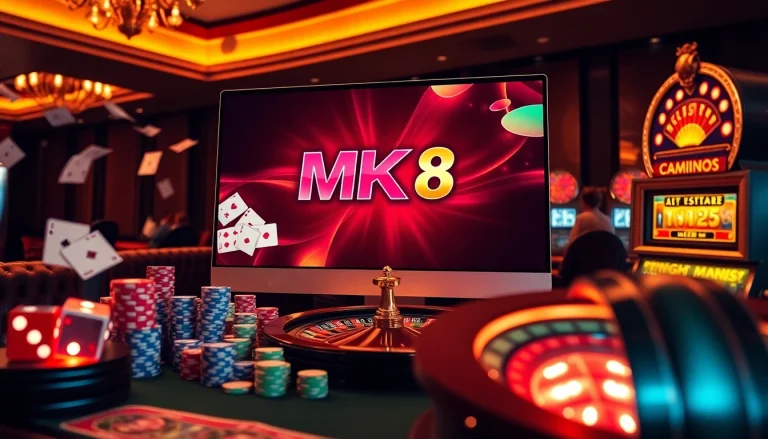Experience the thrill of MK 8 online gambling with vibrant casino elements including poker chips and roulette.