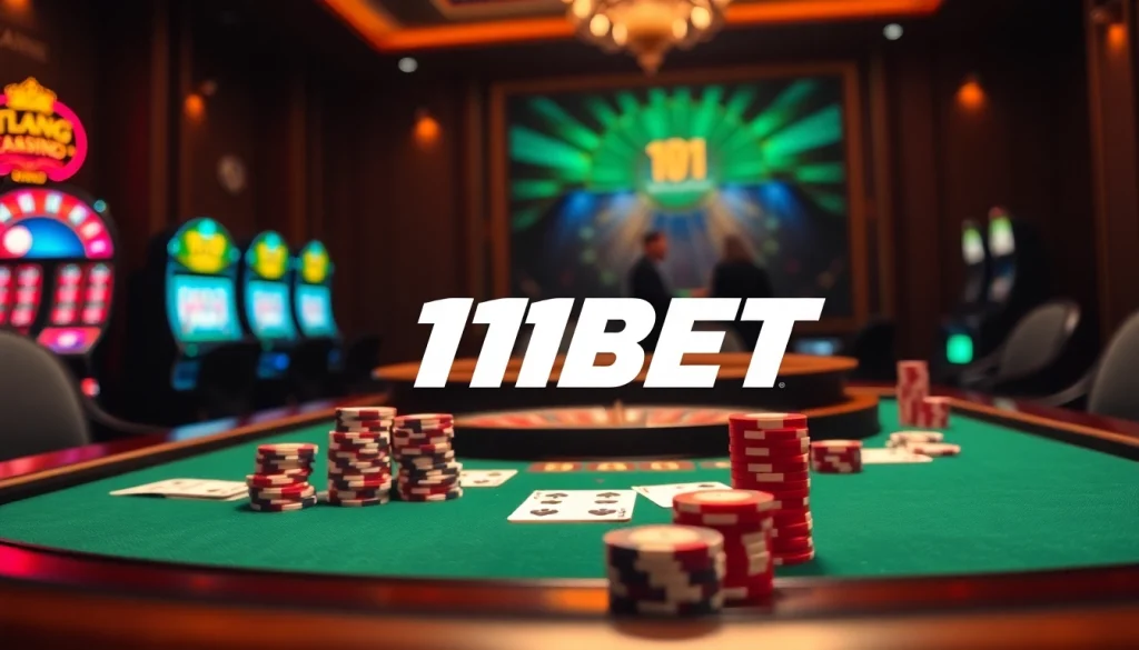 Experience winning moments with 11BET at a luxurious casino table filled with poker chips and cards.