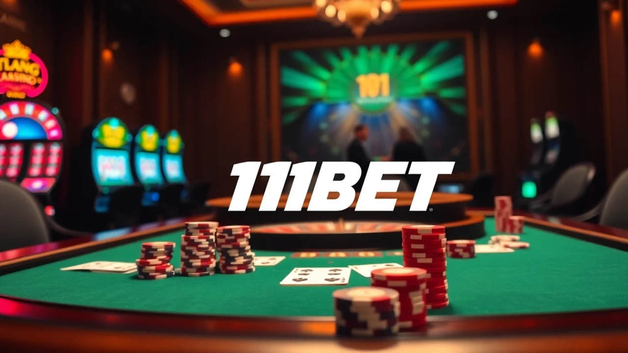 Experience winning moments with 11BET at a luxurious casino table filled with poker chips and cards.