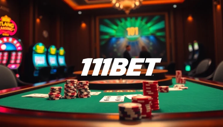 Experience winning moments with 11BET at a luxurious casino table filled with poker chips and cards.