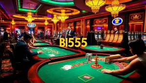 Action-packed casino gameplay featuring BL555 with players at a roulette table and vibrant slot machines.